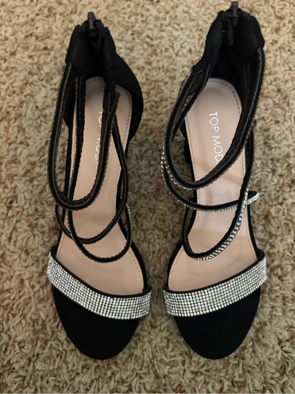 Top Moda Black Strappy Rhinestone Evening Sandals, size 7